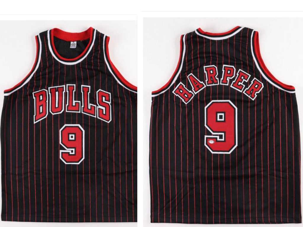 Men%27s Chicago Bulls #9 Ron Harper Black Pinstriped Jersey->nba shorts->NBA Jersey
